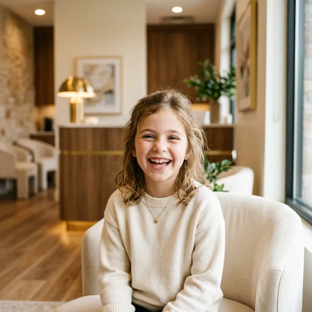 Happy child smiling in a modern orthodontic office