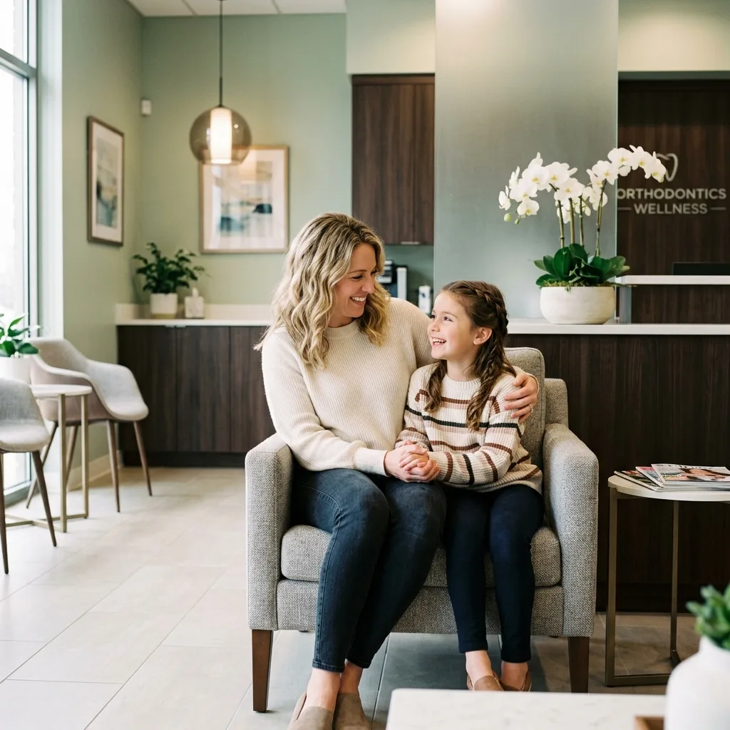 Mother and young child sitting together comfortably in a modern orthodontic waiting area