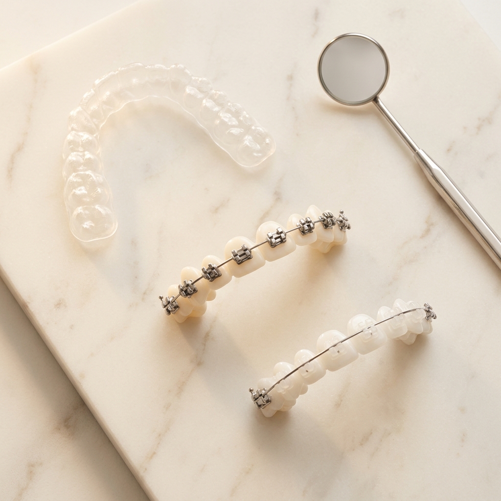 Editorial flat-lay of orthodontic appliance types: clear aligner, metal braces, self-ligating brackets