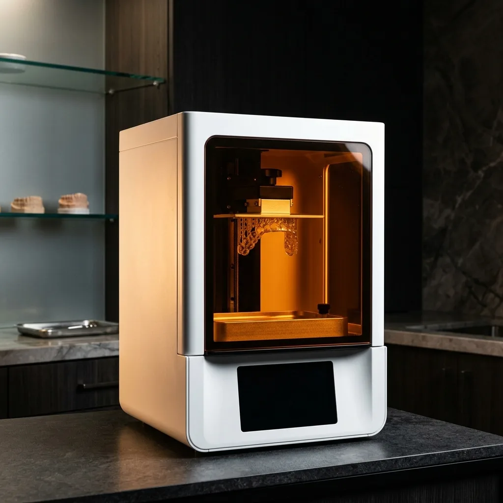 SprintRay dental 3D printer with warm amber glow from resin chamber