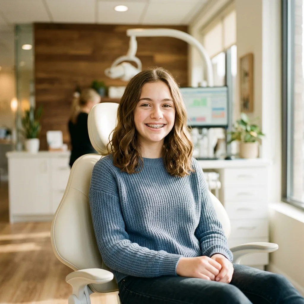 Teen patient smiling confidently in orthodontic chair at Vivian Lee Orthodontics